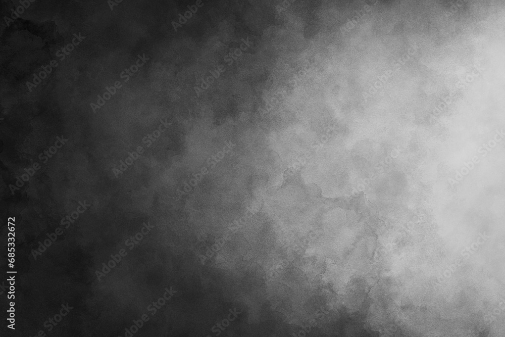 Abstract black and white background with spotlight border and watercolor painted old grunge or smoke texture, gradient shades of black gray silver and white, elegant monochrome background