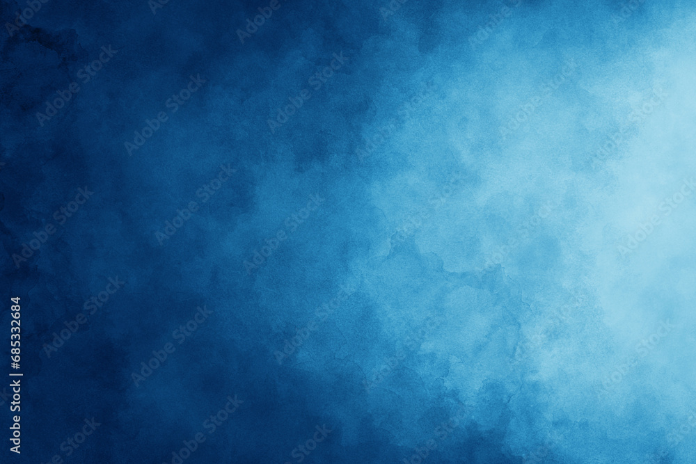 Abstract blue and white background with spotlight border and watercolor painted grunge or smoke texture, gradient colors of light and dark blue and white, elegant blue background