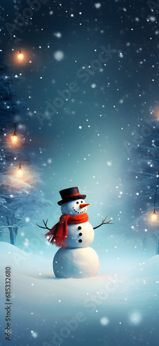 A snowman on a winter background, it's snowing and in the distance there are Christmas trees and a forest and a Christmas tree decorated with lights, Christmas graphics, an illustration suitable for a © Cris