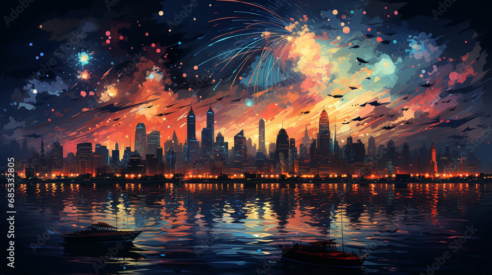 Illustration of colorful festive fireworks in dark evening sky. background for winter holiday, Xmas, New Year, Independence day, carnival, birthday.
