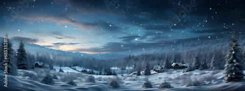 Winter landscape, mountains and forests covered with snow, falling snow and Christmas lights in the snow, Christmas graphic, illustration suitable for advertising banner or Christmas greeting card © Cris