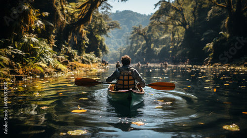River Serenity: Canoeist Paddling Through a Scenic Waterway Surrounded by Trees. Generative AI.