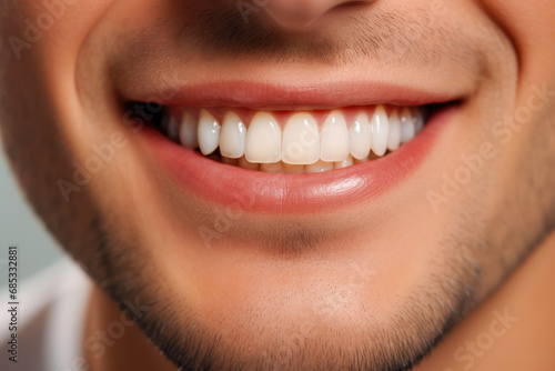 Young man with beautiful smile on black background, closeup. Dental care