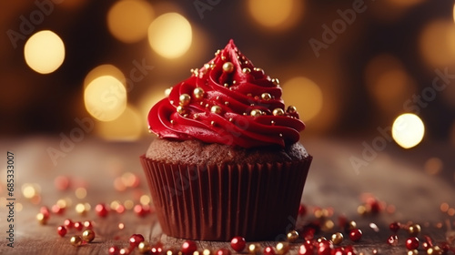 Different delicious Christmas cupcakes on holiday background