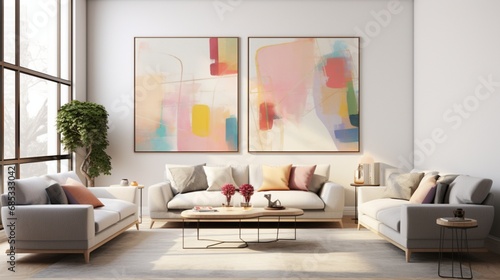 A modern living room featuring abstract geometric wall paintings in soft pastel tones.