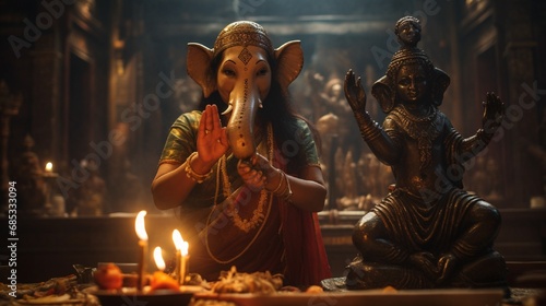 A moment of devotion captured as a worshipper lights incense in front of a silver Ganesh deity inside a cozy, dimly lit temple.