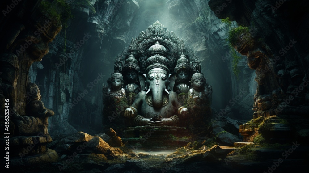 A mystical cave deep within the mountains, housing an ancient Ganesh idol, hidden from the world for centuries.