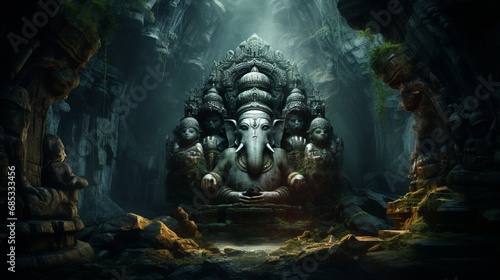 A mystical cave deep within the mountains, housing an ancient Ganesh idol, hidden from the world for centuries. © Mustafa_Art