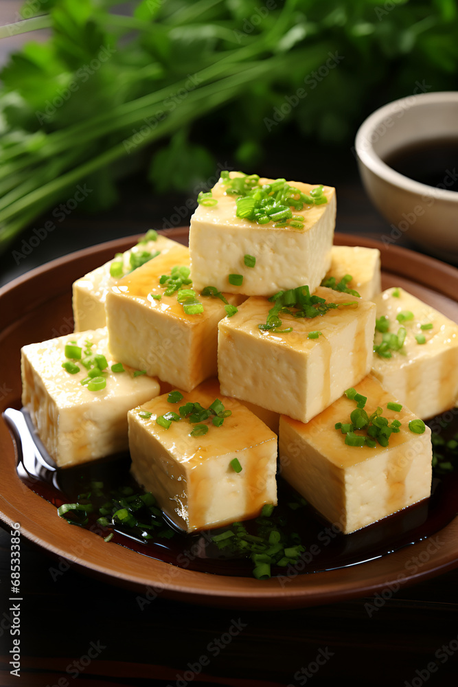Herb-infused vegan tofu cheese adorned with flavorful sauce