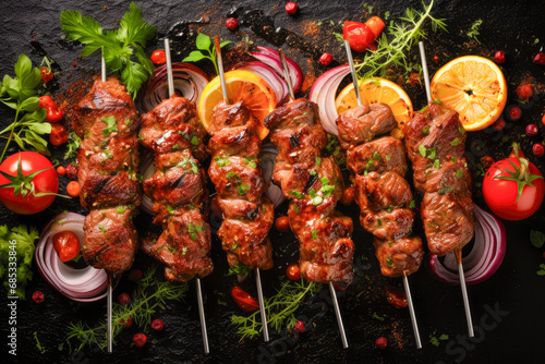 Grilled beef shish kebab on skewers with vegetables