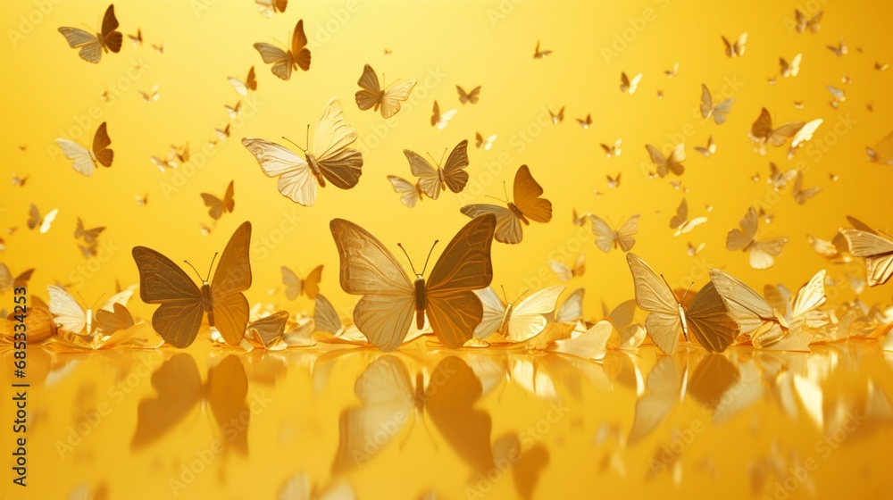 Fototapeta premium Delicate butterflies seemingly suspended in a golden haze, the yellow background enhancing the realism of each cut-out form, an HD camera capturing the ephemeral beauty with precision