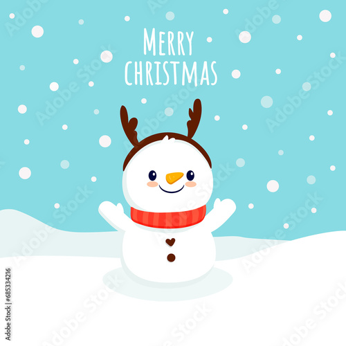  Cute cartoon snowman with a scarf and snowflakes  isolated . Flat design. Christmas illustration