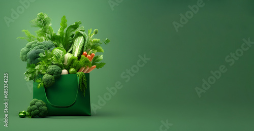 Shopping bag with fresh vegetables and greens on a green background