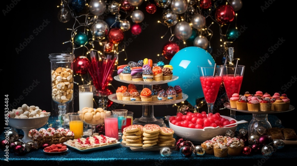 A New Year's dessert table, overflowing with a delectable assortment of sweets, treats, and colorful decorations.