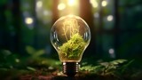 Glass light bulb with green moss inside in forest. 3D rendering