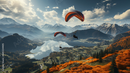 Alpine Serenity: Paraglider Silhouette Soaring Through the Air Amidst Stunning Mountain Vistas. Generative AI. photo
