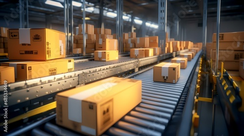 Cardboard boxes on conveyor belt in warehouse. 3d rendering