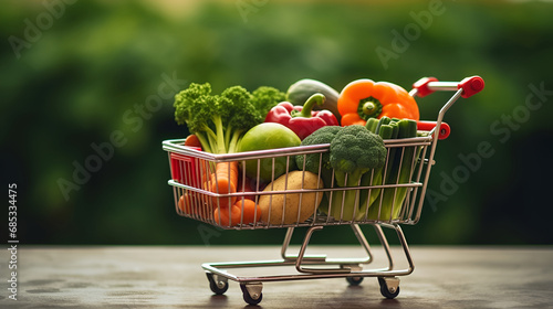 A shopping cart brimming with vegetables against a backdrop of natural greenery