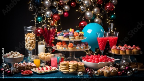 A New Year s dessert table  overflowing with a delectable assortment of sweets  treats  and colorful decorations.