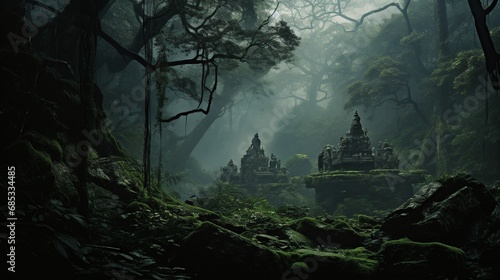 A mystical forest shrouded in mist, with Hanuman's image subtly hidden. © Mustafa_Art