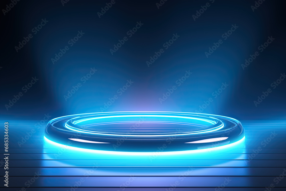 Minimalistic abstract blurry light blue background for product presentation with a circular neon glow. Minimalistic abstract blurry light blue background for product presentation with a circular neon glow.