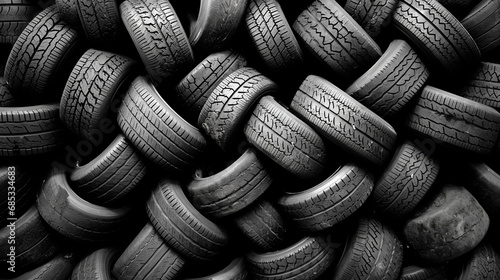 Garbage from a pile of black old car tires. Ecological problems. Old car tires thrown into an industrial landfill for recycling. photo
