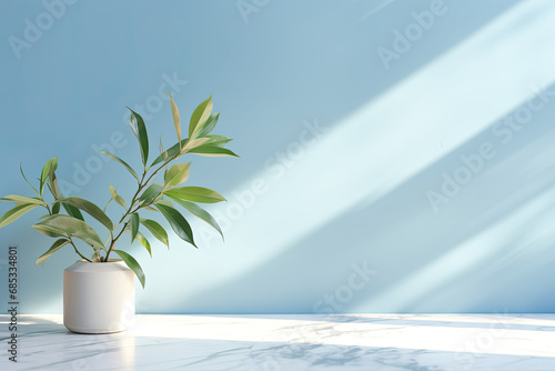 Minimalistic light background with blurred foliage shadow on a light blue wall. Beautiful background for presentation with marble floor. © Akmalism