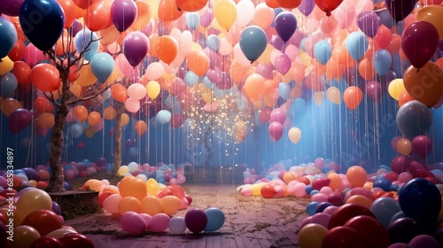 Festive birthday party setting adorned with realistic floating balloons in a spectrum of bright hues