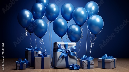 Extravagant birthday card featuring 3D-rendered sapphire blue balloons and a lustrous silk ribbon, creating a sense of luxury