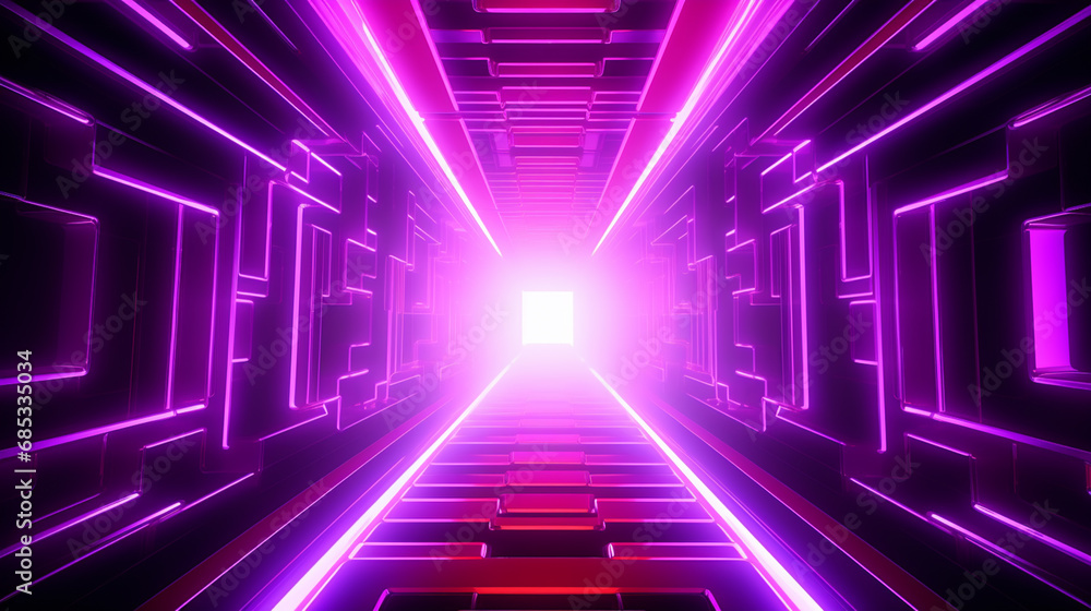Sci Fy neon glowing lines in a dark tunnel. Reflections on the floor and ceiling. Empty background in the center. Sci Fy neon glowing lines in a dark tunnel. Reflections on the floor and ceiling. Empty background in the center.