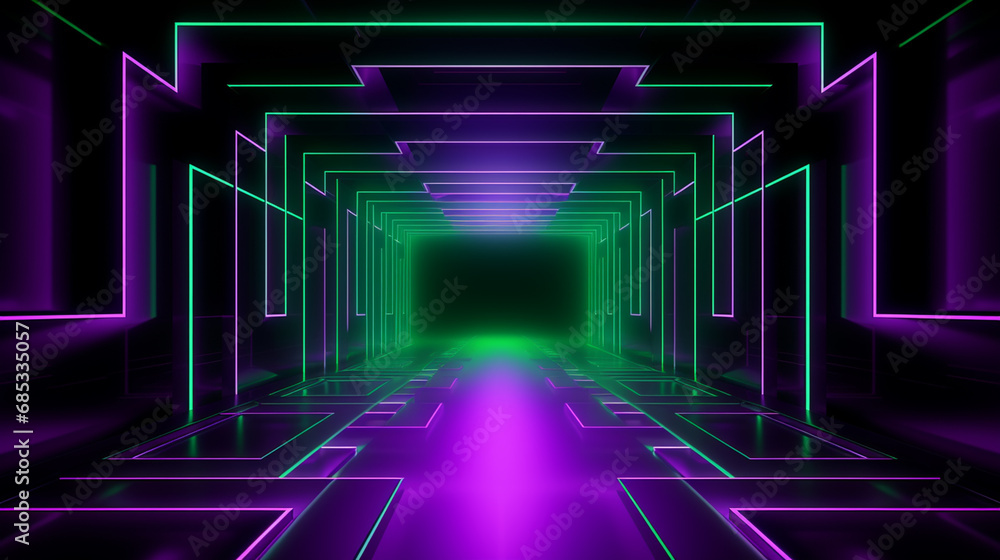 Sci Fy neon glowing lines in a dark tunnel. Reflections on the floor and ceiling. Empty background in the center. Sci Fy neon glowing lines in a dark tunnel. Reflections on the floor and ceiling. Empty background in the center.