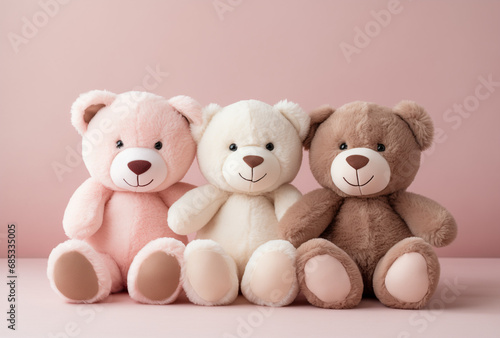 Three teddy bears on a pink background © PHdJ