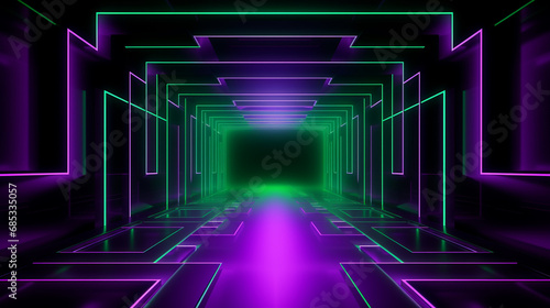 Sci Fy neon glowing lines in a dark tunnel. Reflections on the floor and ceiling. Empty background in the center.