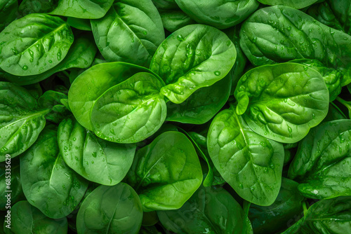 Fresh spinach leaves background. Top view, flat lay, copy space