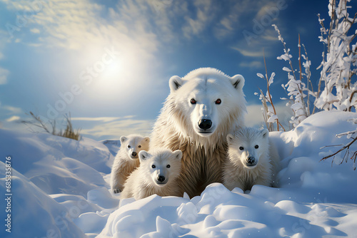white bears family on snow, AI generated