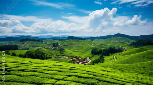 The tea plantations background , Tea plantations in morning light © alexkich