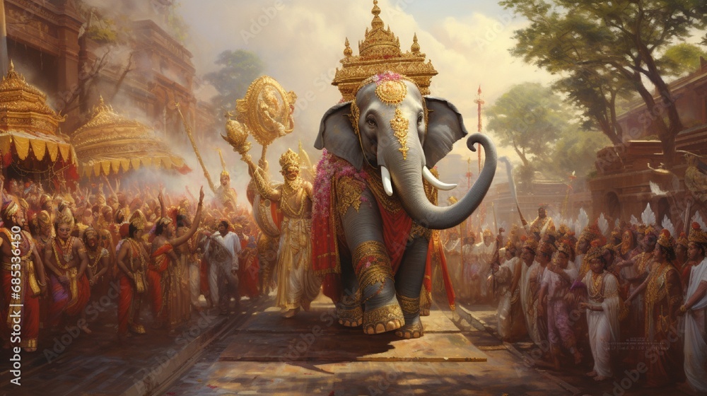 A picturesque Ganesh procession, with a beautifully adorned idol carried on a bedecked elephant amidst a cheering crowd. - obrazy, fototapety, plakaty 