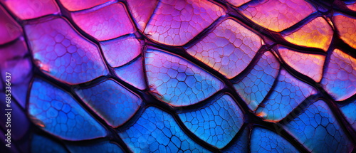 Macro Close Up Photograph of purple butterfly wing, vibrant butterfly wing pattern magnified in extreme close up macro photography, elegance and beauty in nature design. Generative ai photo