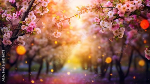Orchard abstract blurred background featuring vibrant apple orchard in full bloom photo