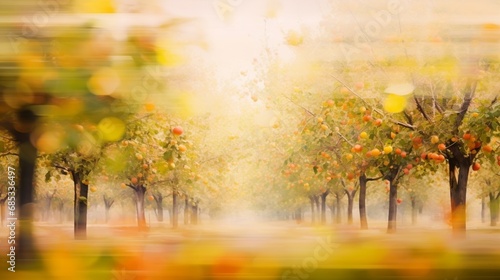 Orchard abstract blurred background showcasing a diverse mix of fruit trees in a pastoral setting