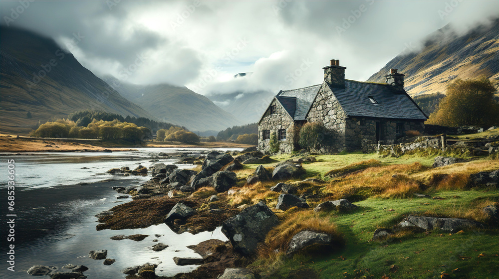 Epic Scottish landscape with stone made cottages, grey sky, mountains, river and green fields