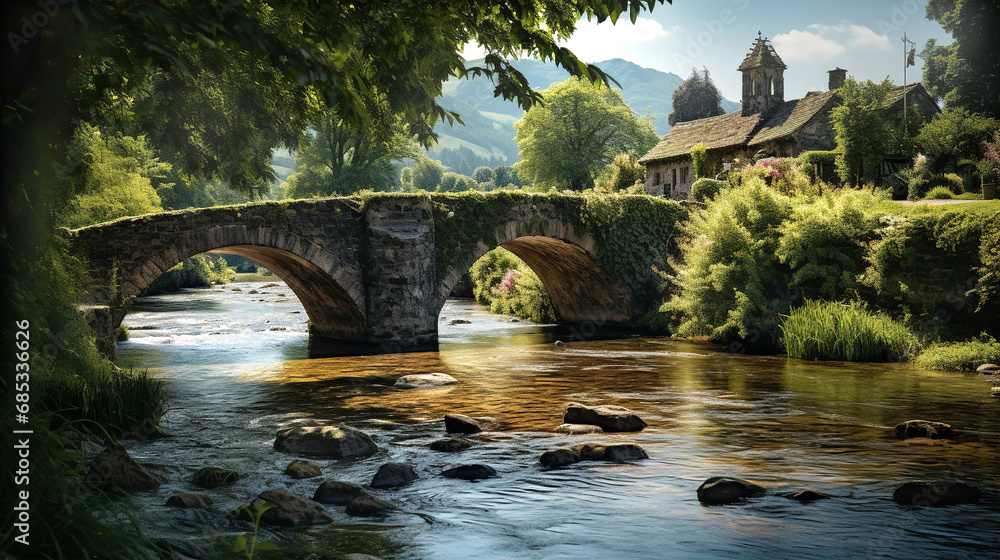 Naklejka premium Old medieval stone bridge and Highlands river, English rural landscape 