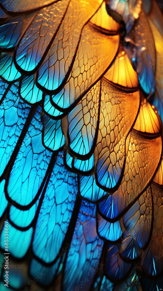 Macro Close Up Photograph of blue butterfly wing, vibrant butterfly