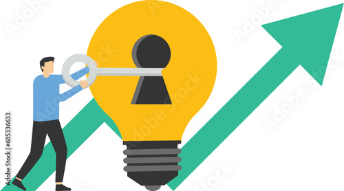 marketing process, Targeting marketing strategy, businessman, marketing strategy, unlocking idea, analyst, business plan, young businessman holding key to unlocking idea, flat vector illustration.

