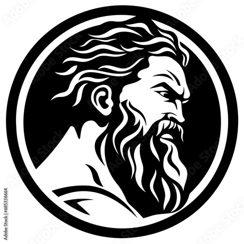 Head of greek god in a circle, vector portrait of god poseidon