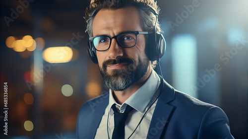 Attractive Call centre assistant is talking with client with headset 