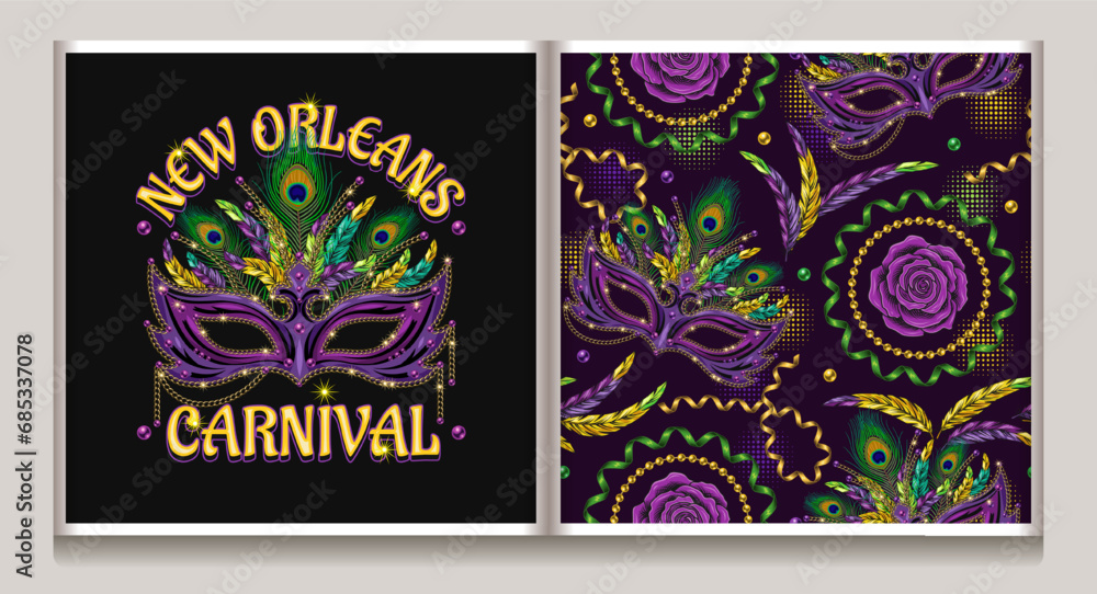 Seamless pattern, label with carnival masquerade masks, feathers, party streamers, rose flower on dark background. Detailed vintage illustration for prints, apparel, clothing, surface design. Not AI Seamless pattern, label with carnival masquerade masks, feathers, party streamers, rose flower on dark background. Detailed vintage illustration for prints, apparel, clothing, surface design. Not AI