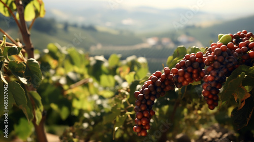 Close up Fresh organic red coffee cherries, raw berries coffee beans on coffee tree plantation.