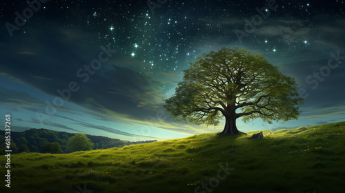 Moon and stars over tuscan meadow and lone tree