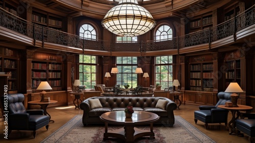 A private library with an octagonal, coffered ceiling and antique pendant lamps.